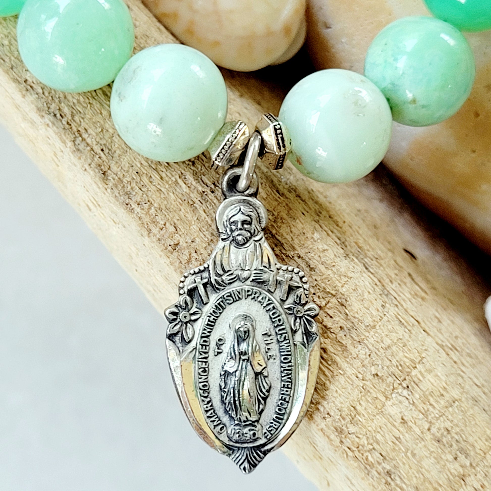 Chrysoprase 10mm Beaded Bracelet w/ Sterling Silver Ornate Miraculous Medal of Mary