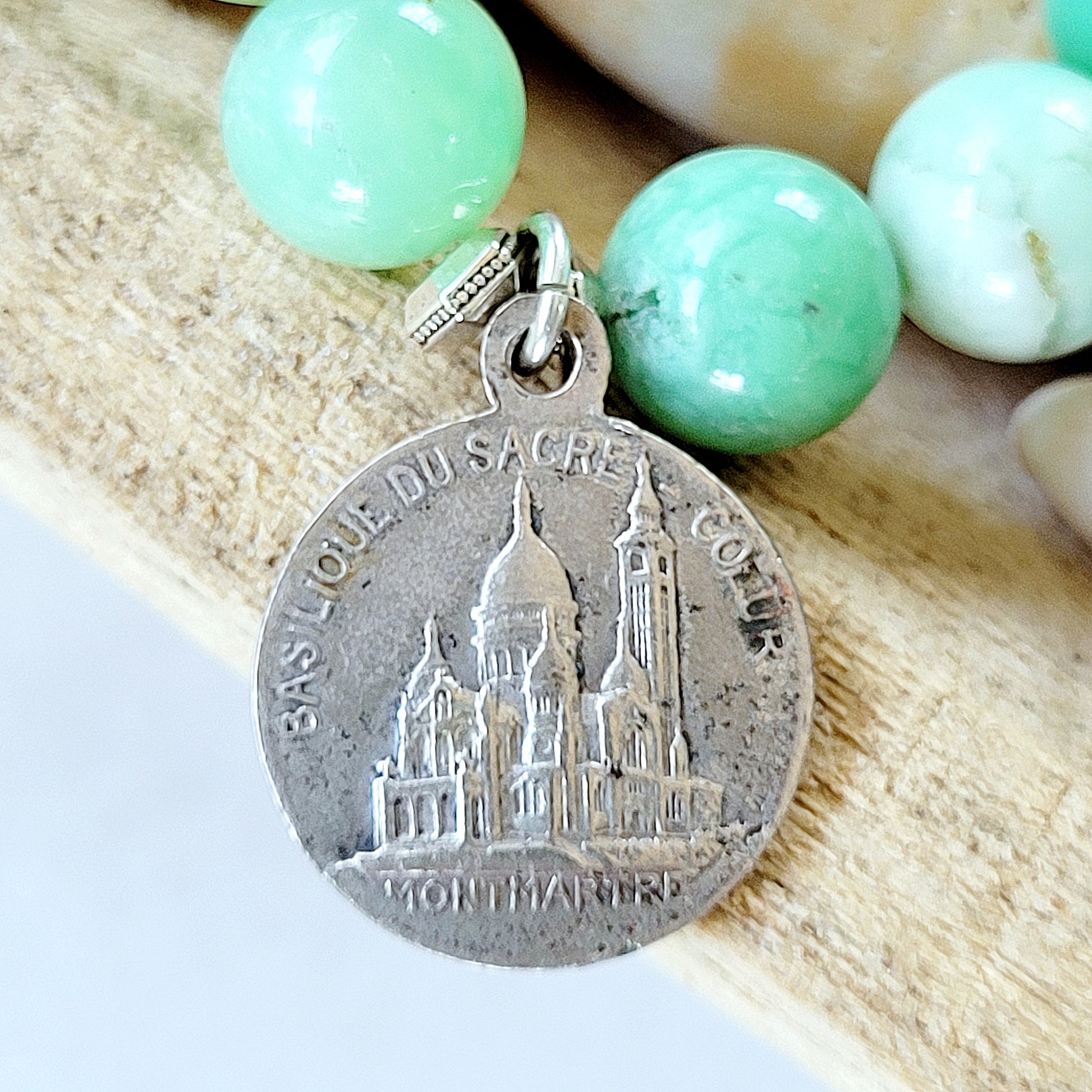 Chrysoprase 10mm Beaded Bracelet w/ Sacred Heart of Jesus / Sacre-Coeur Basilica Silver Medal