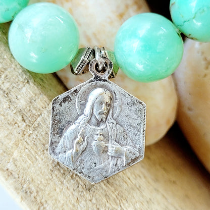 Chrysoprase 10mm Beaded Bracelet w/ Silver Enameled Medal with The Virgin Mary + Sacred Heart of Jesus