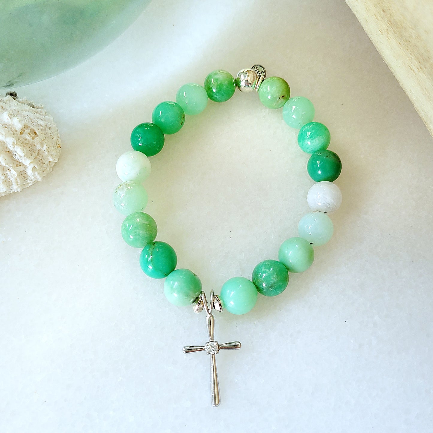 Chrysoprase 10mm Beaded Bracelet w/ Sterling Silver Cross with Rhinestone Accent