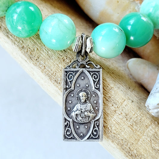 Chrysoprase 10mm Beaded Bracelet w/ Blessed Mother Mary + Sacred Heart of Jesus Vintage Silver Medal