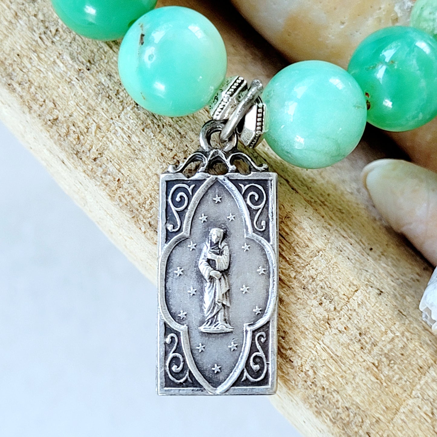 Chrysoprase 10mm Beaded Bracelet w/ Blessed Mother Mary + Sacred Heart of Jesus Vintage Silver Medal