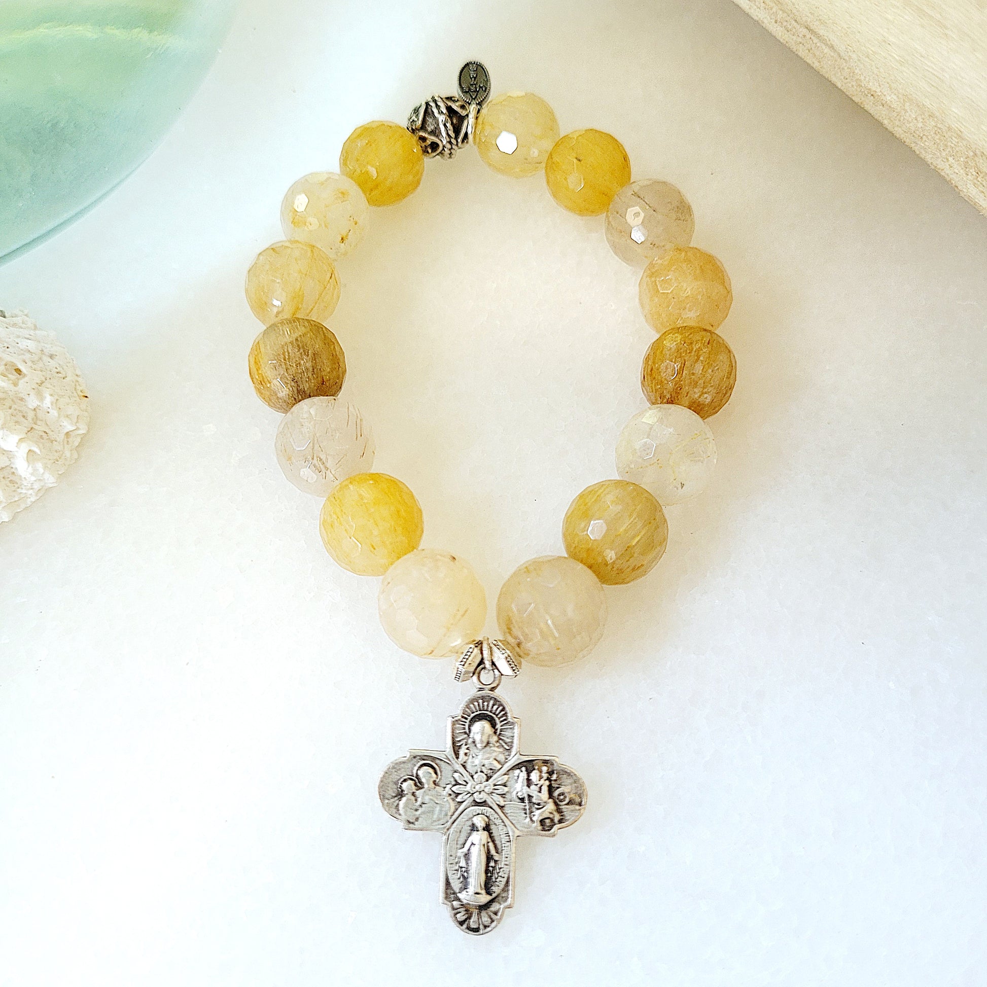 Rutilated Quartz Faceted 12mm Beaded Bracelet w/ Sterling Silver Four-Way Combination Cross Medal - Afterlife Jewelry Designs