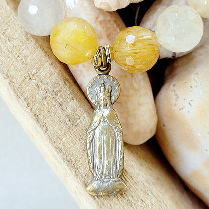 Rutilated Quartz Faceted 12mm Beaded Bracelet w/ Gold-Toned Metal Figure of the Blessed Mother Mary