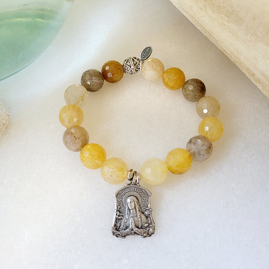 Rutilated Quartz Faceted 12mm Beaded Bracelet w/ Vintage Silver Medal of Our Blessed Mother Mary