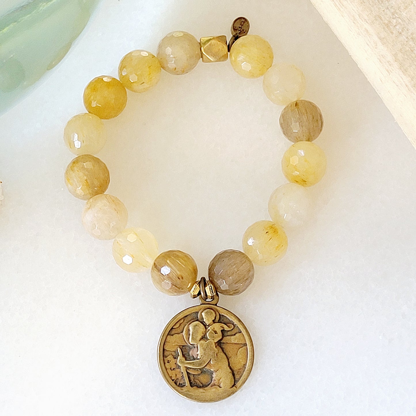 Rutilated Quartz Faceted 12mm Beaded Bracelet w/ Bronze Vintage St. Christopher Medal