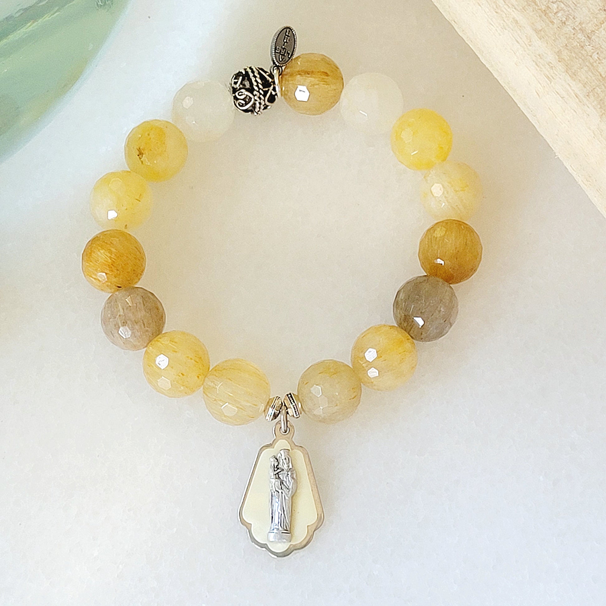 Rutilated Quartz Faceted 12mm Beaded Bracelet w/ Layered Medal of St. Anne de Beaupre from Italy