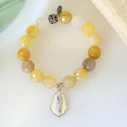 Rutilated Quartz Faceted 12mm Beaded Bracelet w/ Layered Medal of St. Anne de Beaupre from Italy