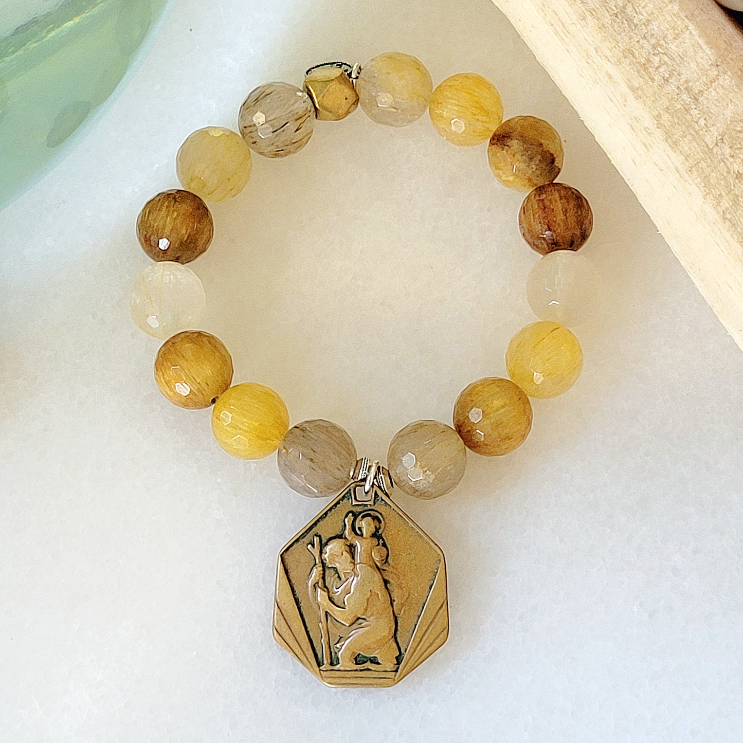 Rutilated Quartz Faceted 12mm Beaded Bracelet w/ Vintage Bronze St. Christopher Medal /  Notre Dame du Sacre Coeur