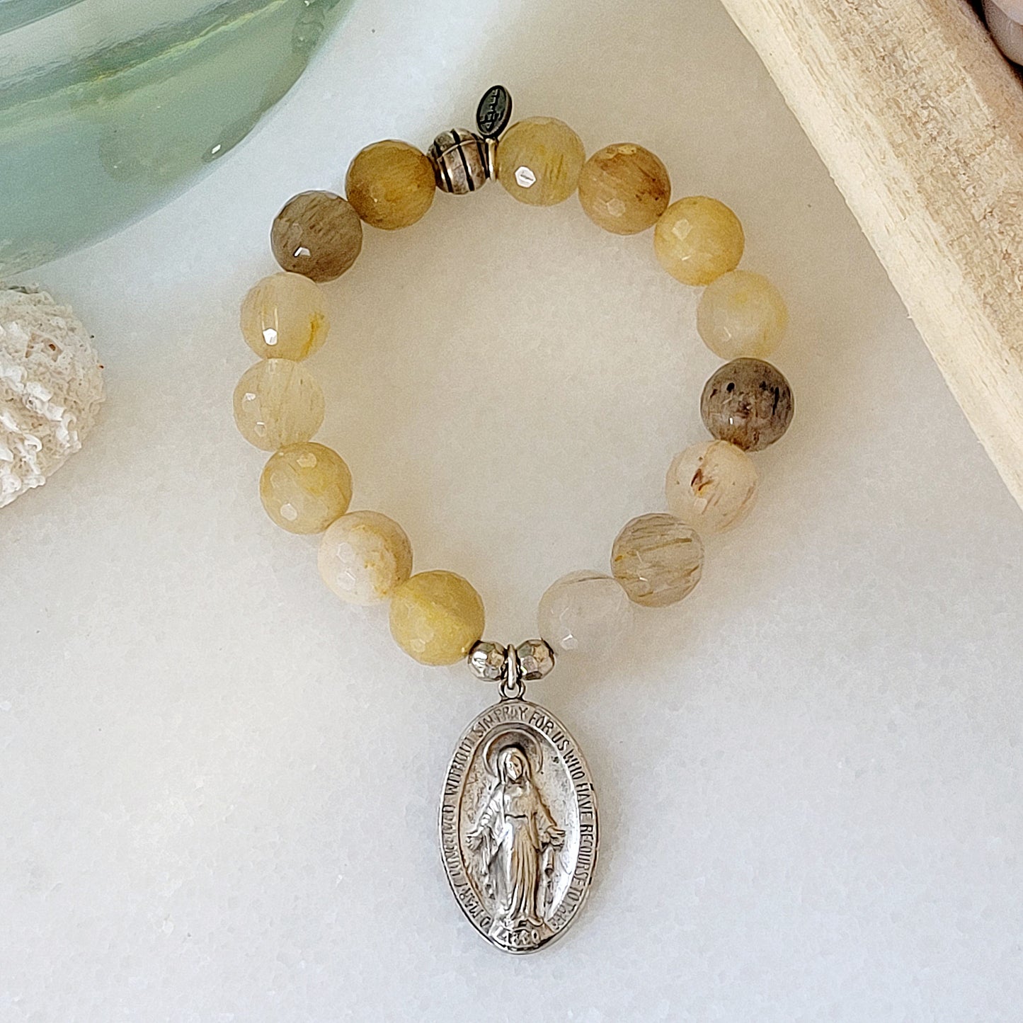 Rutilated Quartz Faceted 12mm Beaded Bracelet w/ Signed Sterling Silver Miraculous Medal of Mary