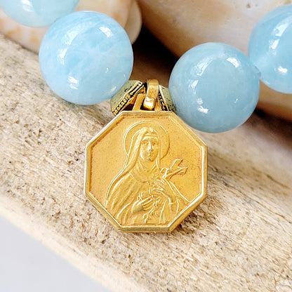 Aquamarine 12mm Beaded Bracelet w/ St. Therese of Lisieux Gold-Plated Medal - Afterlife Jewelry Designs