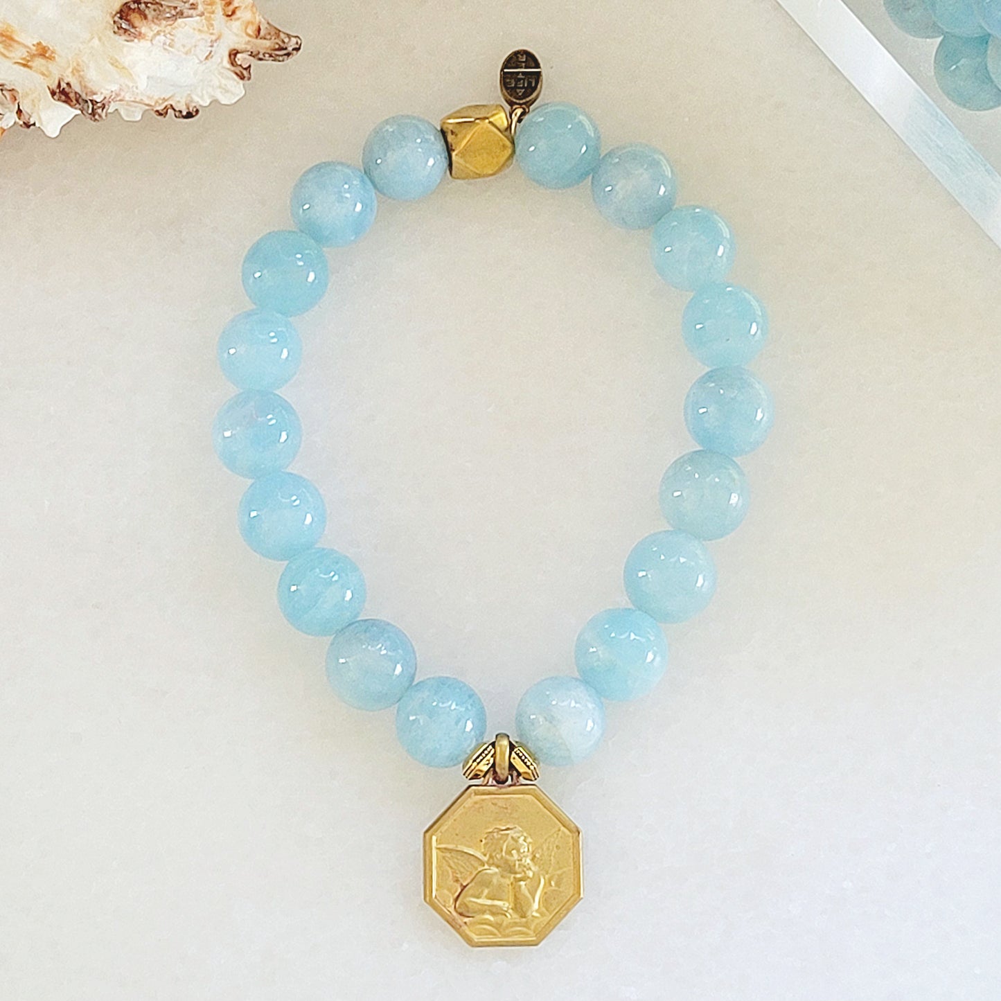 Aquamarine 12mm Beaded Bracelet w/ Octagonal Gold-Plated Cherub Angel Medal - Afterlife Jewelry Designs