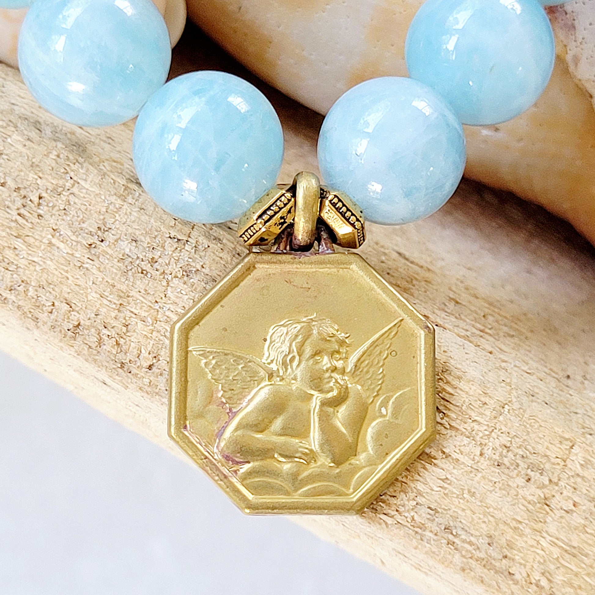 Aquamarine 12mm Beaded Bracelet w/ Octagonal Gold-Plated Cherub Angel Medal - Afterlife Jewelry Designs