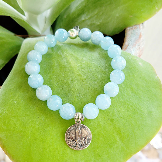 Aquamarine 12mm Beaded Bracelet w/ Our Lady of Fatima Embossed 1917 Silver Medal - Afterlife Jewelry Designs