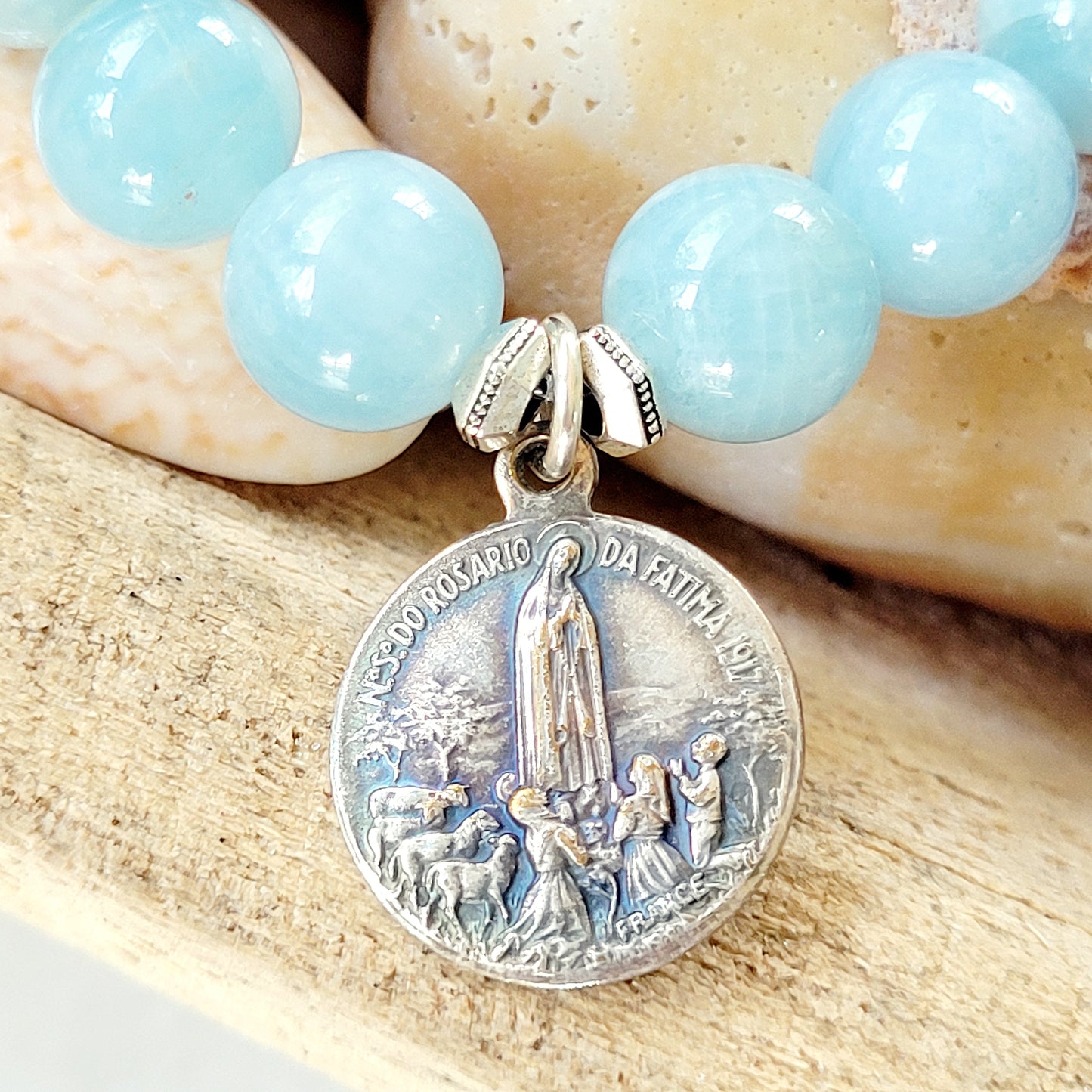 Aquamarine 12mm Beaded Bracelet w/ Our Lady of Fatima Embossed 1917 Silver Medal - Afterlife Jewelry Designs