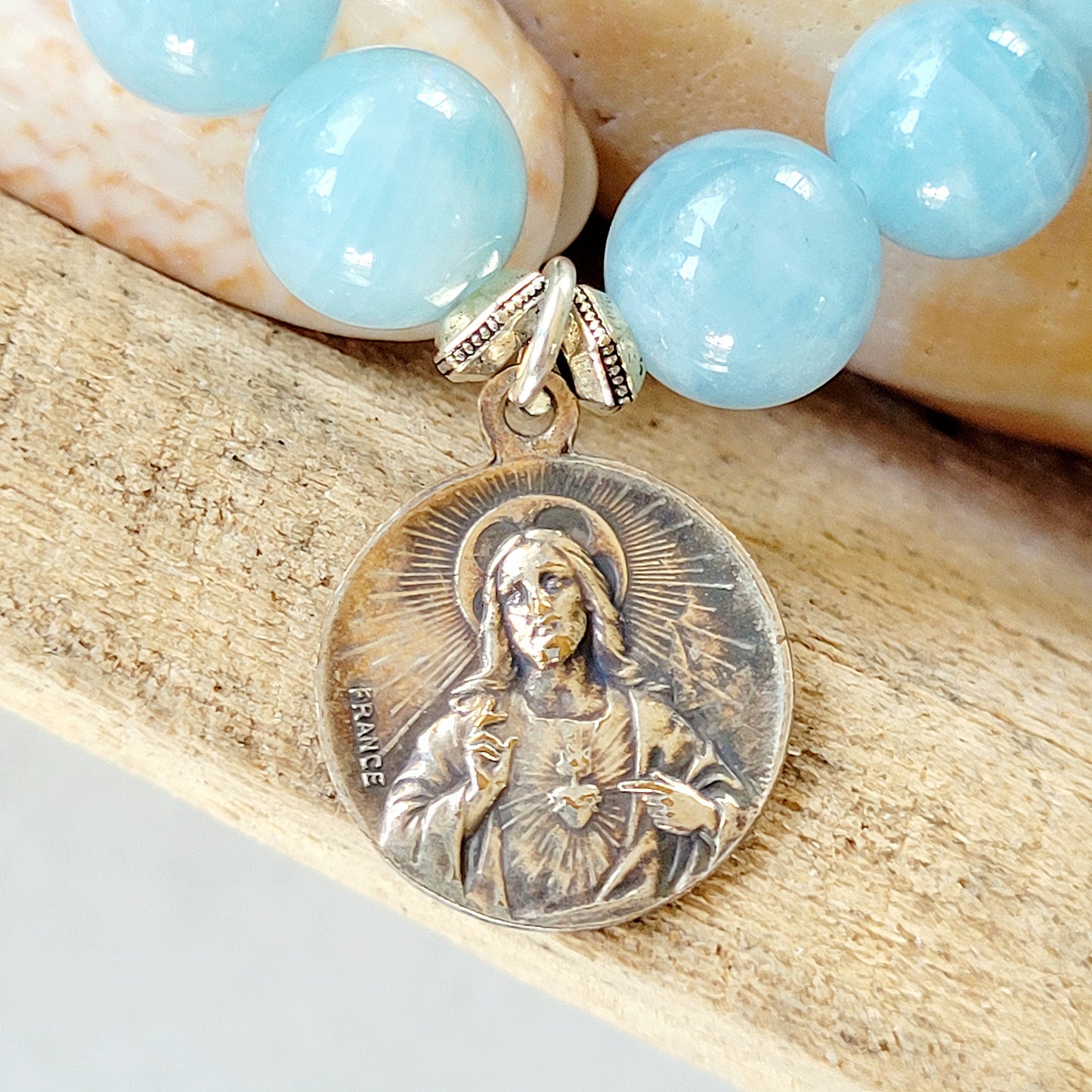 Aquamarine 12mm Beaded Bracelet w/ Our Lady of Fatima Embossed 1917 Silver Medal - Afterlife Jewelry Designs