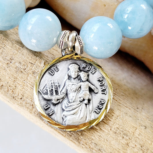 Aquamarine 12mm Beaded Bracelet w/ Virgin Mary / Notre Dame de Bon Port Basilica Two-Tone Medal - Afterlife Jewelry Designs