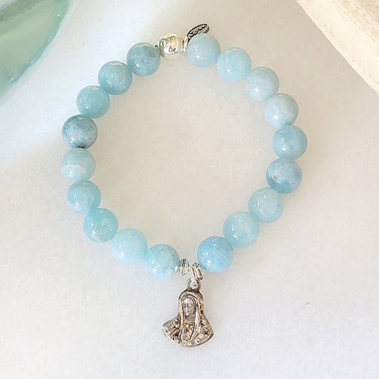 Aquamarine 12mm Beaded Bracelet w/ Our Sorrowful Mother Sterling Silver Medal from Mexico
