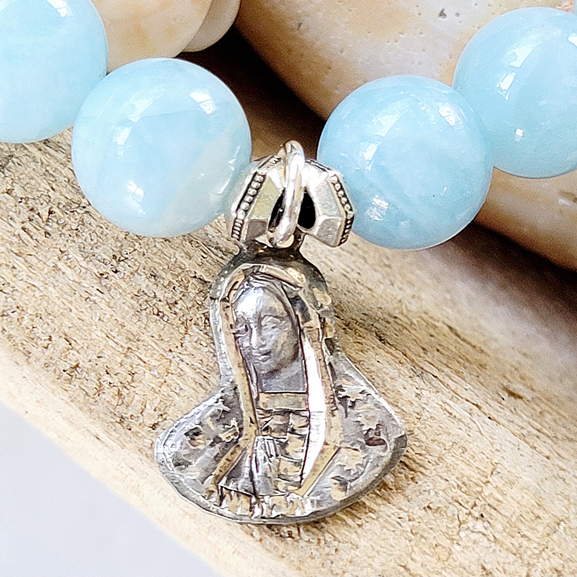 Aquamarine 12mm Beaded Bracelet w/ Our Sorrowful Mother Sterling Silver Medal from Mexico