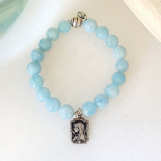 Aquamarine 12mm Beaded Bracelet w/ Our Lady of Lourdes / Blessed Mother Silver Medal - Afterlife Jewelry Designs
