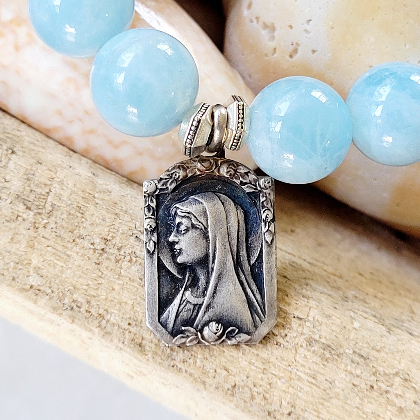 Aquamarine 12mm Beaded Bracelet w/ Our Lady of Lourdes / Blessed Mother Silver Medal - Afterlife Jewelry Designs