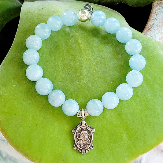 Aquamarine 12mm Beaded Bracelet w/ Sacred Heart of Jesus + Our Lady of Mount Carmel Sterling Silver Medal - Afterlife Jewelry Designs