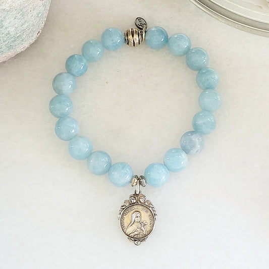 Aquamarine 12mm Beaded Bracelet w/ St. Therese of Lisieux Signed Silver Medal with Rose Accent