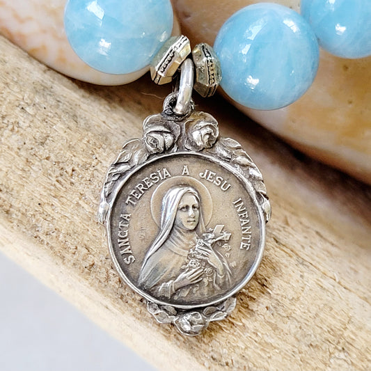 Aquamarine 12mm Beaded Bracelet w/ St. Therese of Lisieux Signed Silver Medal with Rose Accent