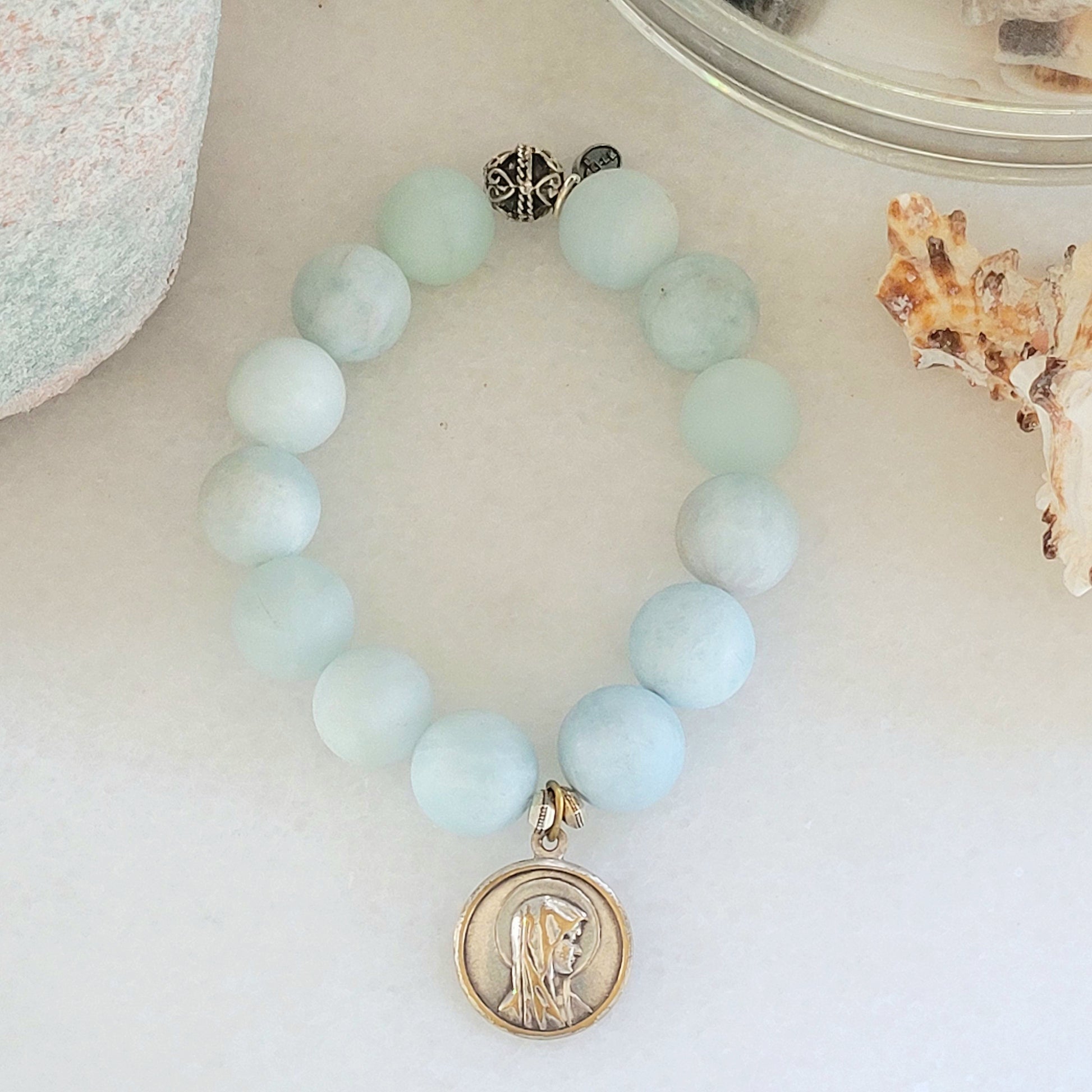 Aquamarine Matte 16mm Beaded Bracelet w/ Vintage Medal of Our Lady of Lourdes