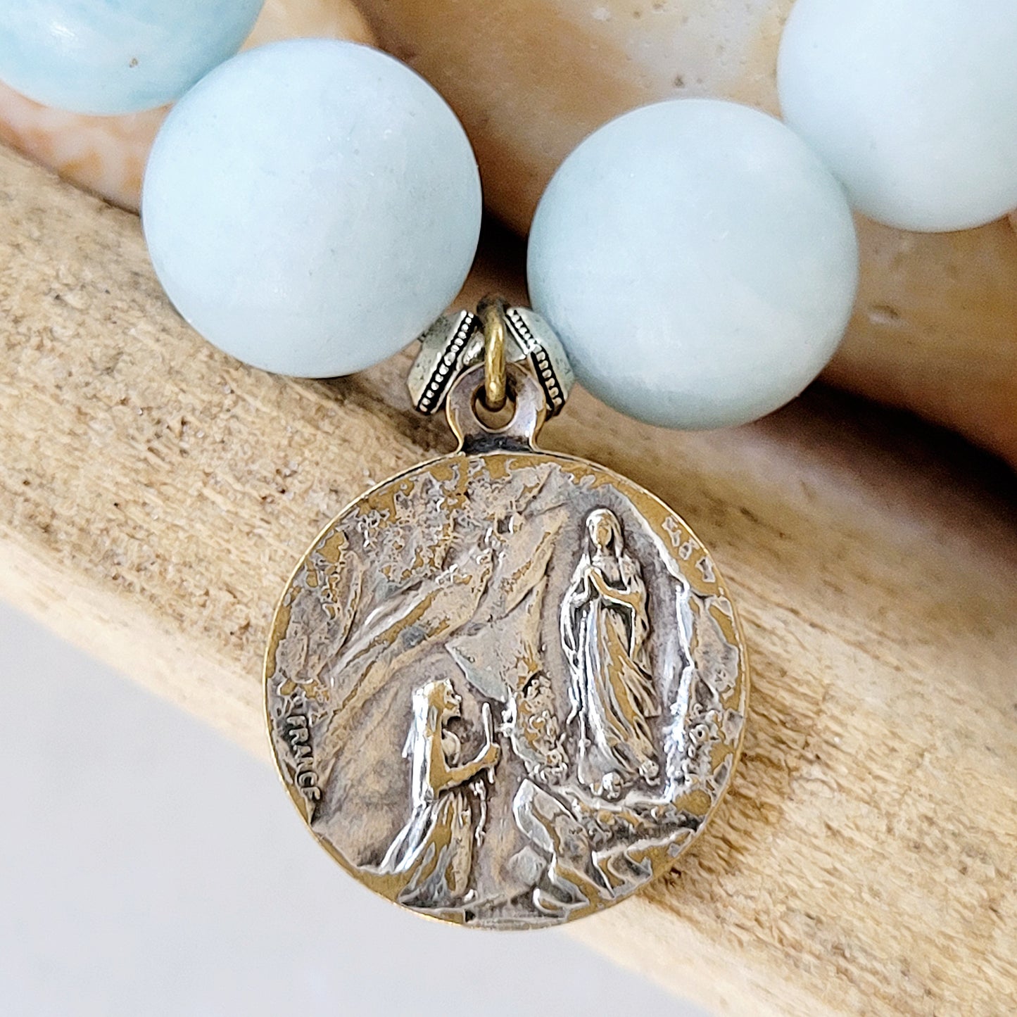 Aquamarine Matte 16mm Beaded Bracelet w/ Vintage Medal of Our Lady of Lourdes