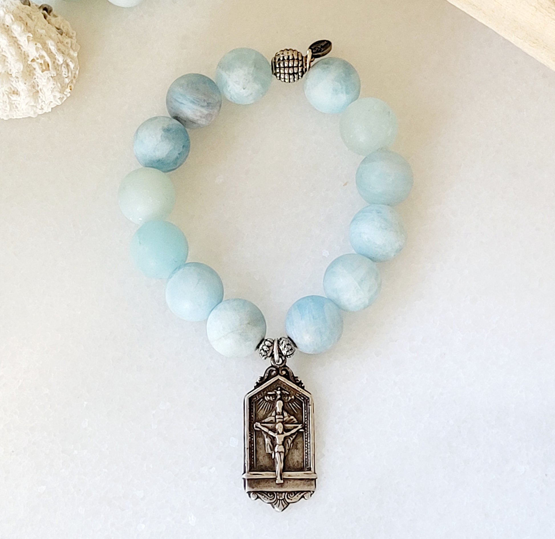 Aquamarine Matte 16mm Beaded Bracelet w/ Sterling Silver Crucifix Holy Trinity 50 Days Indulgence - Afterlife Jewelry Designs