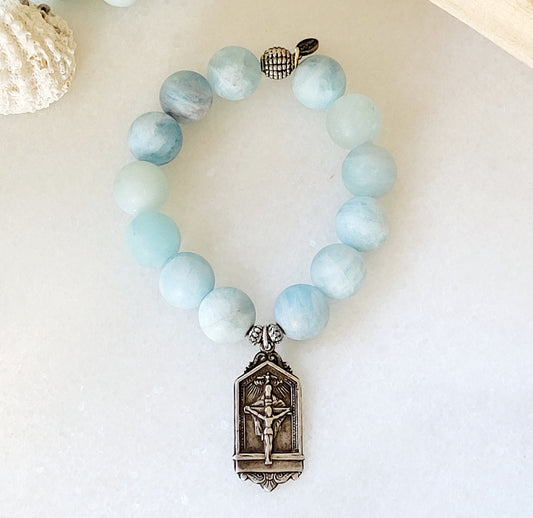 Aquamarine Matte 16mm Beaded Bracelet w/ Sterling Silver Crucifix Holy Trinity 50 Days Indulgence - Afterlife Jewelry Designs