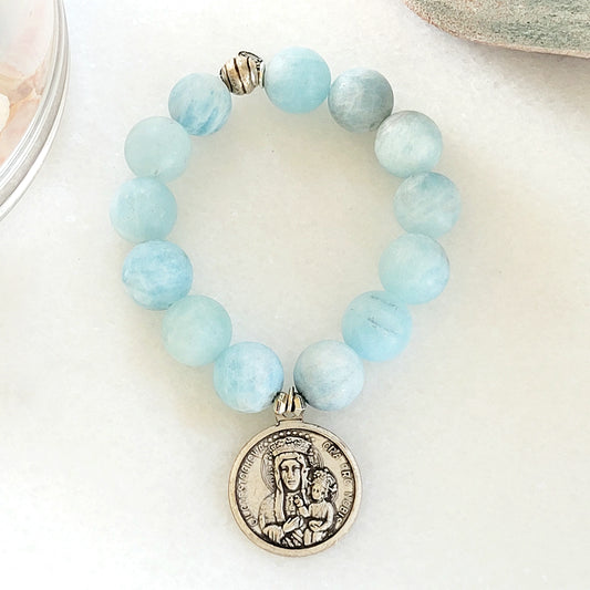 Aquamarine Matte 16mm Beaded Bracelet w/ Our Lady of Czestochowa + Pope St. John Paul II Medal