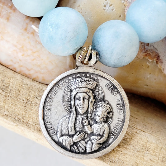 Aquamarine Matte 16mm Beaded Bracelet w/ Our Lady of Czestochowa + Pope St. John Paul II Medal