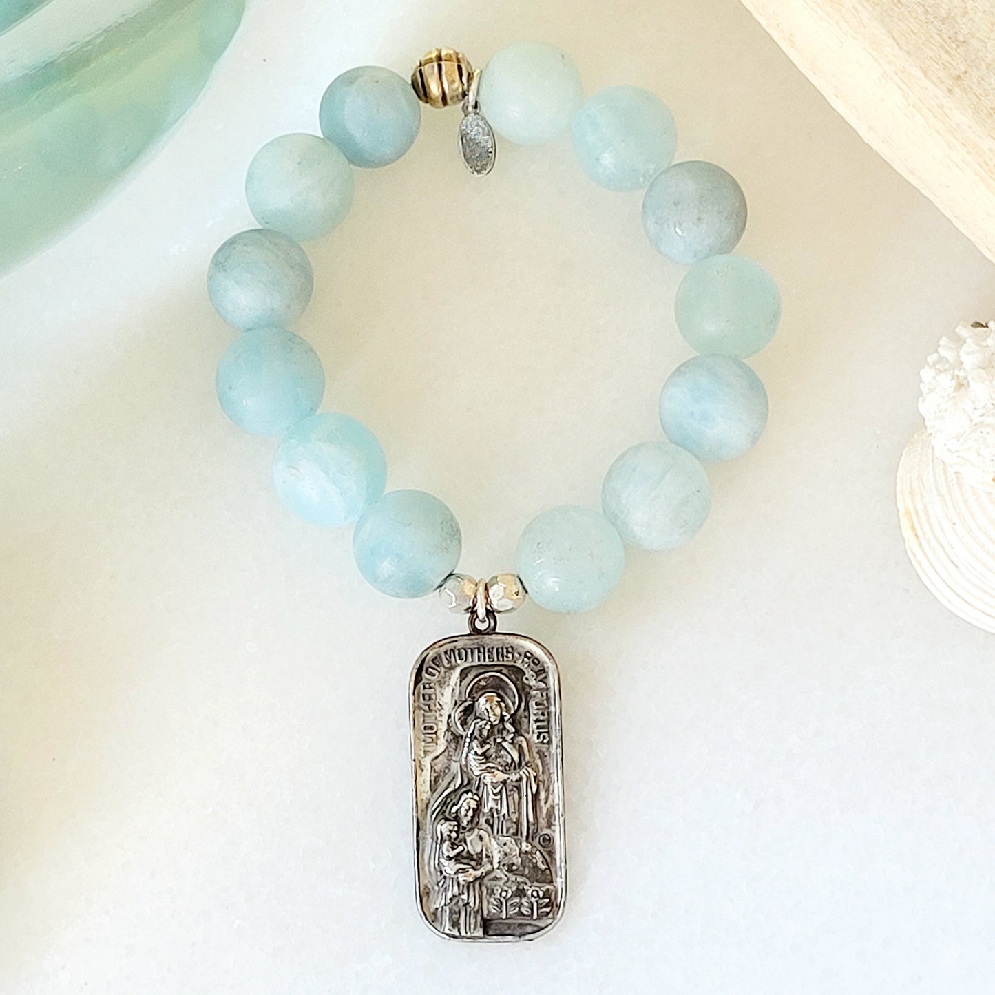 Aquamarine Matte 16mm Beaded Bracelet w/ Mary Mother of Mothers Pray for Us Silver Medal 