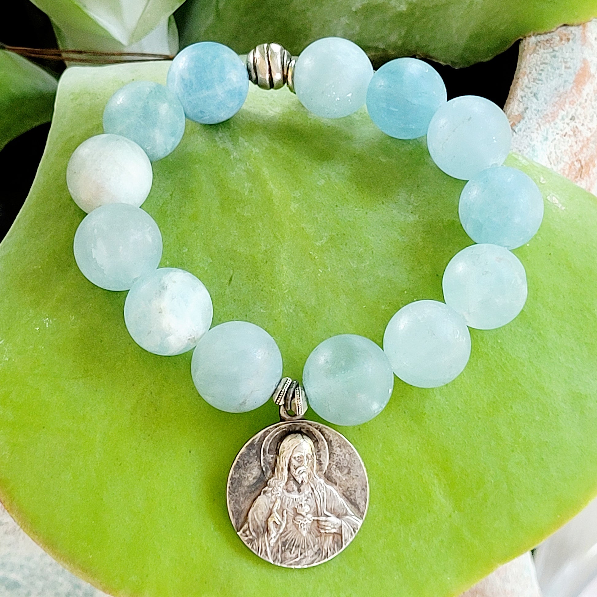 Aquamarine Matte 16mm Beaded Bracelet w/ Sacred Heart of Jesus