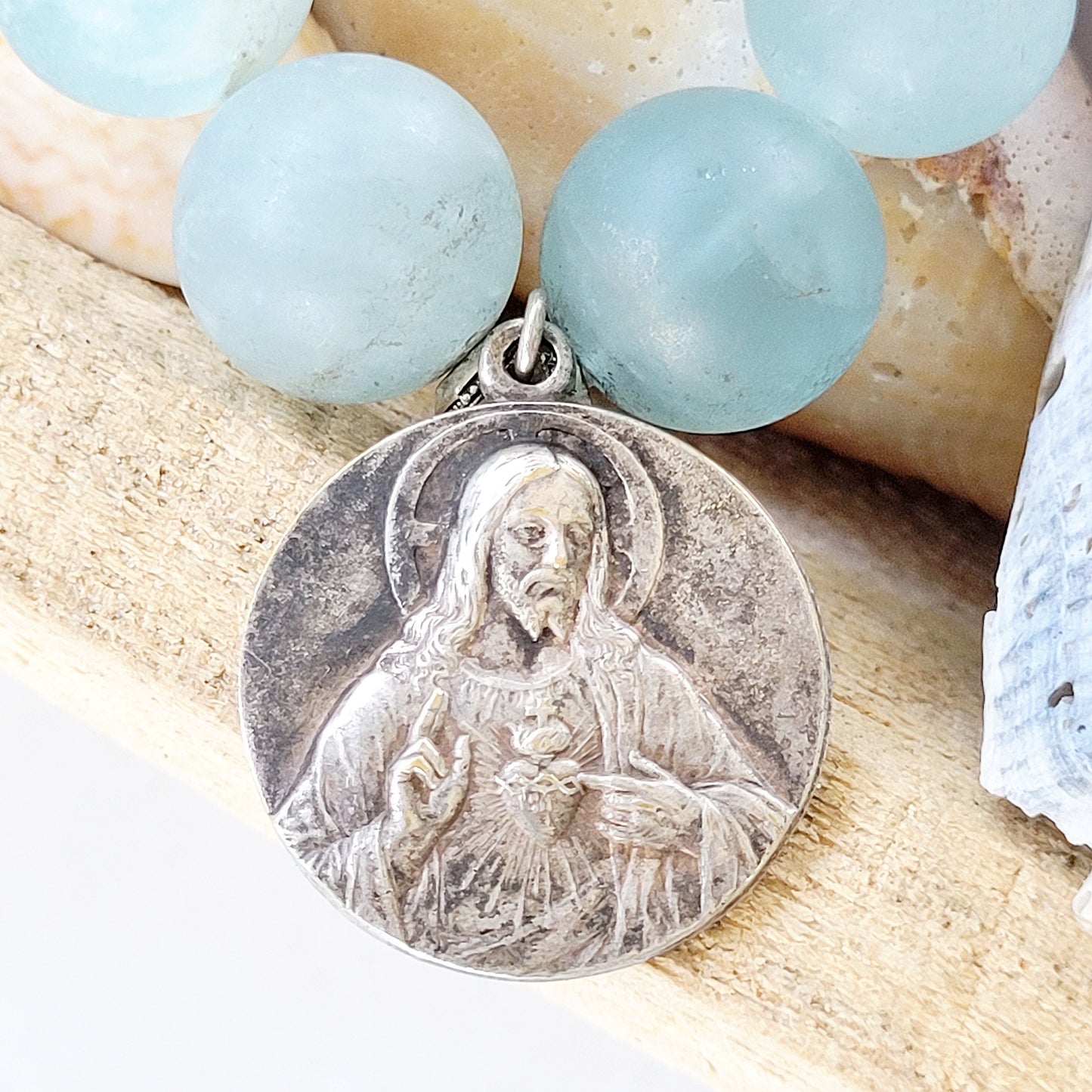 Aquamarine Matte 16mm Beaded Bracelet w/ Sacred Heart of Jesus + The Basilica of Sacre Coeur Medal