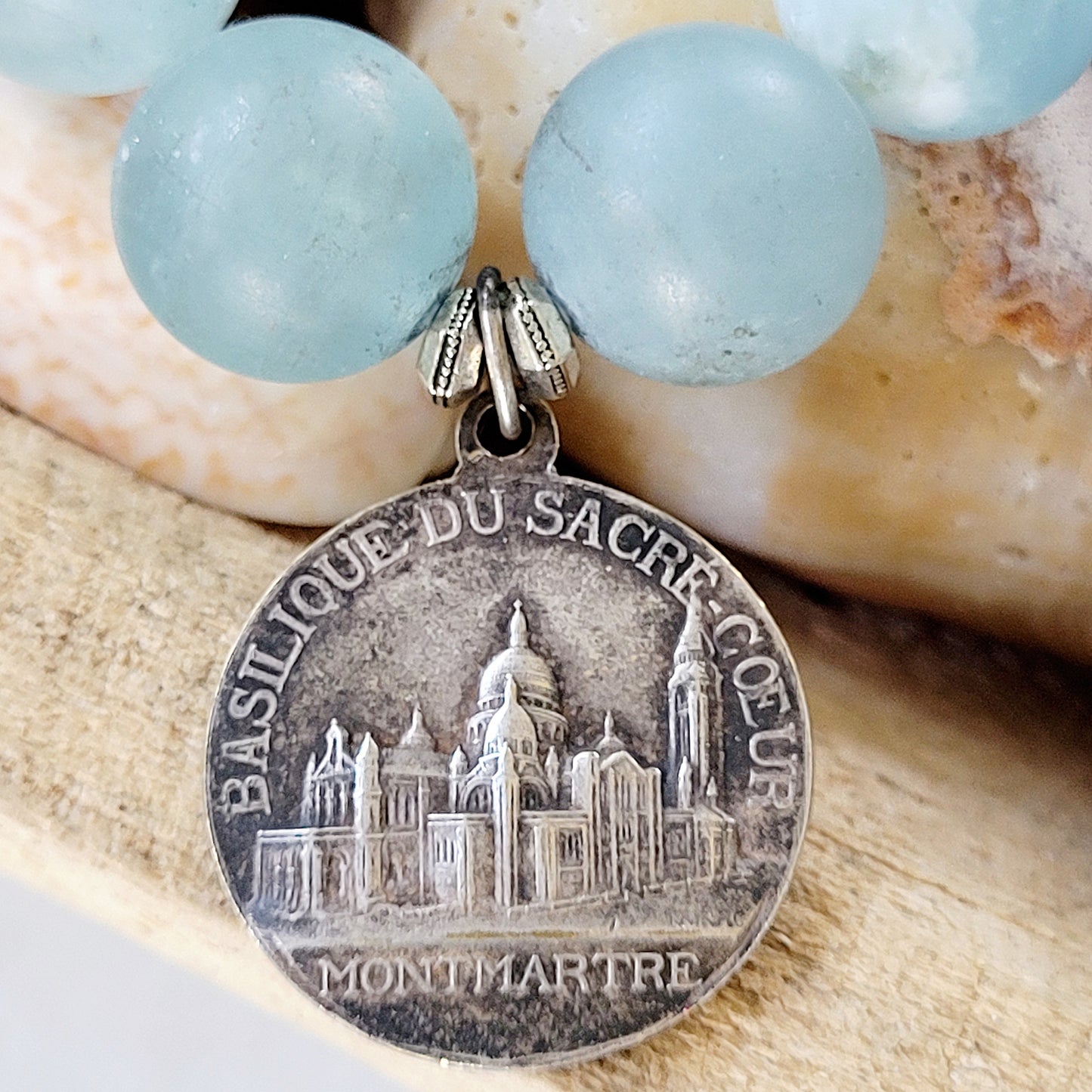 Aquamarine Matte 16mm Beaded Bracelet w/ Sacred Heart of Jesus + The Basilica of Sacre Coeur Medal