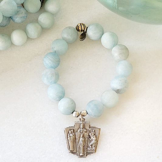 Aquamarine Matte 16mm Beaded Bracelet w/ Silver Four Way Cross + St. Jude / Miraculous Medal