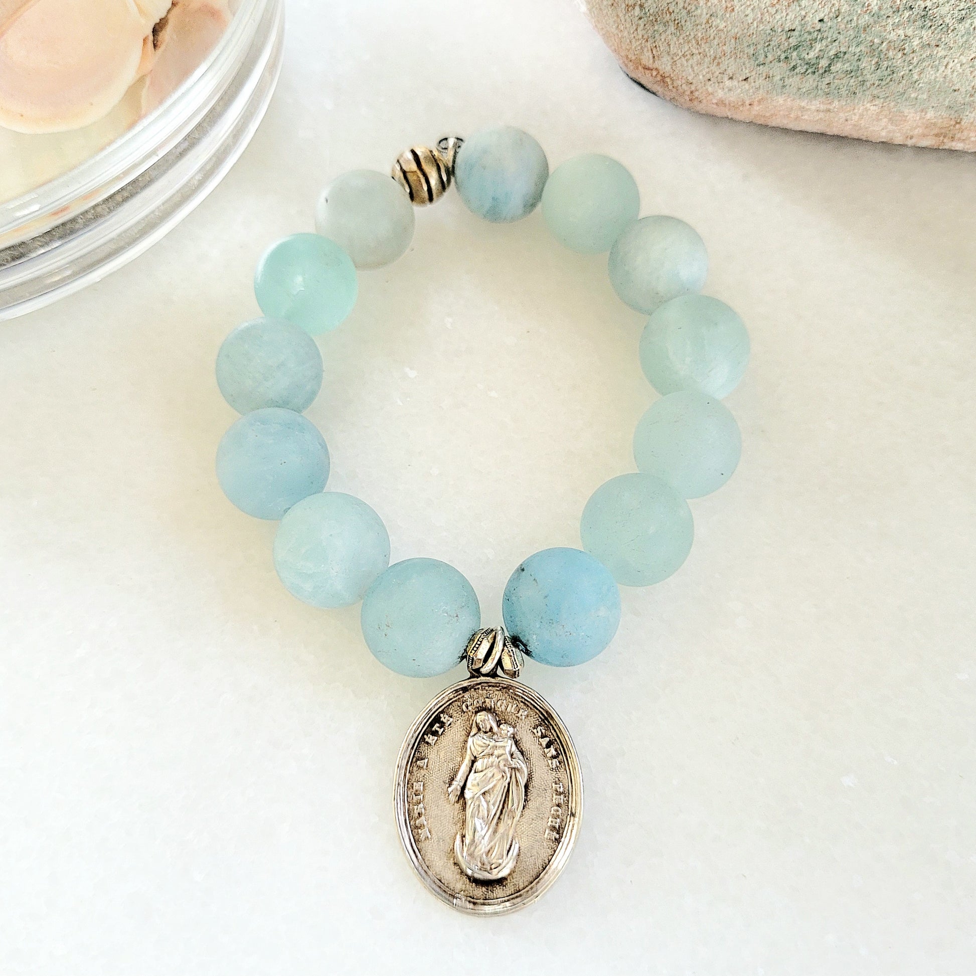 Aquamarine Matte 16mm Beaded Bracelet w/ Virgin Mary + Child Jesus Sterling Silver Medal