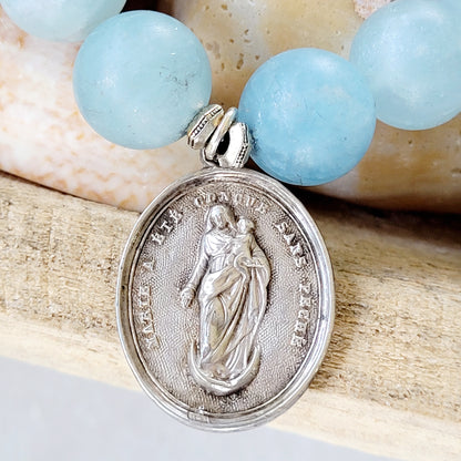 Aquamarine Matte 16mm Beaded Bracelet w/ Virgin Mary + Child Jesus Sterling Silver Medal