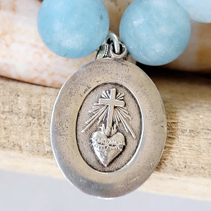 Aquamarine Matte 16mm Beaded Bracelet w/ Virgin Mary + Child Jesus Sterling Silver Medal