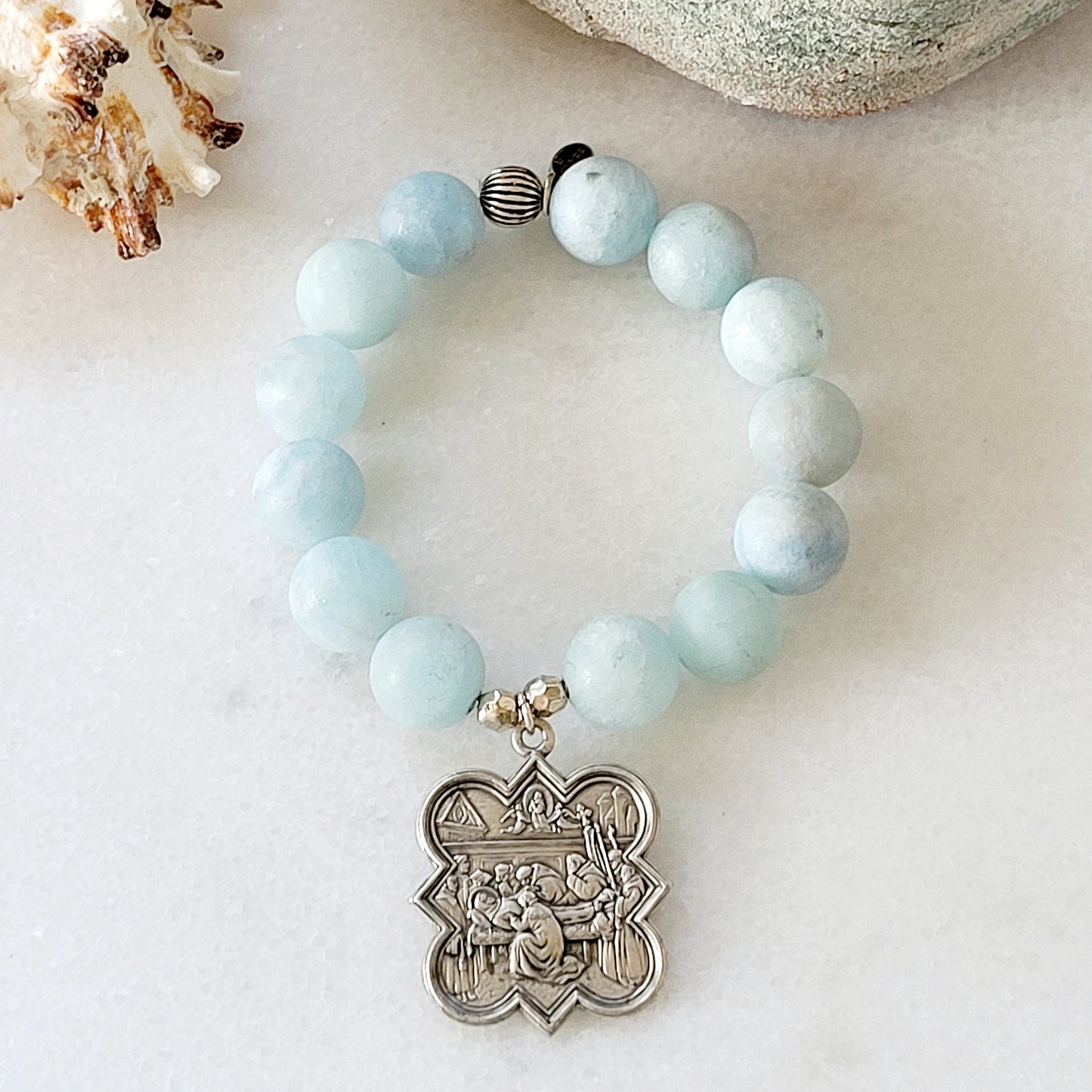 Aquamarine Matte 16mm Beaded Bracelet w/ St Francis of Assisi/ St. Claire Silver Detailed Medal