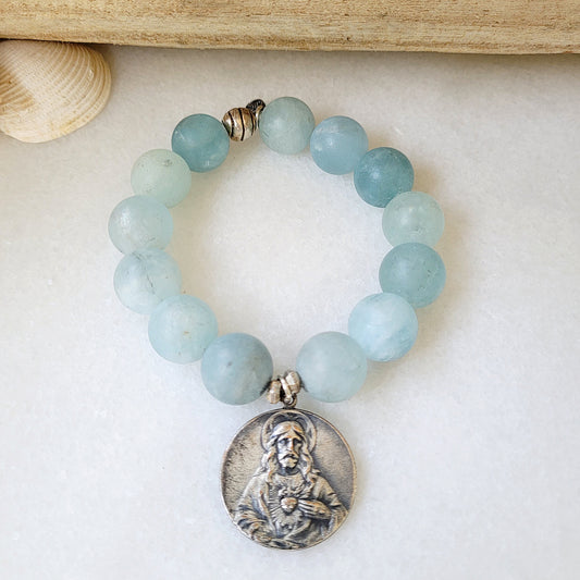 Aquamarine Matte 16mm Beaded Bracelet w/ 1930 Catholic Church Extension Society Silver Anniversary Heart Of Jesus Medal