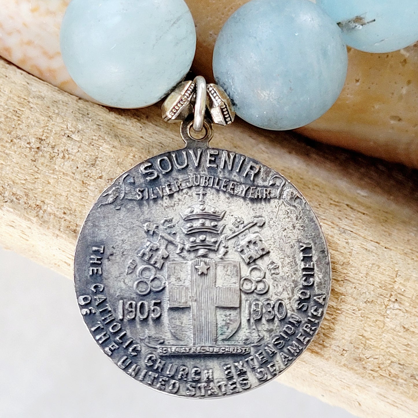 Aquamarine Matte 16mm Beaded Bracelet w/ 1930 Catholic Church Extension Society Silver Anniversary Heart Of Jesus Medal