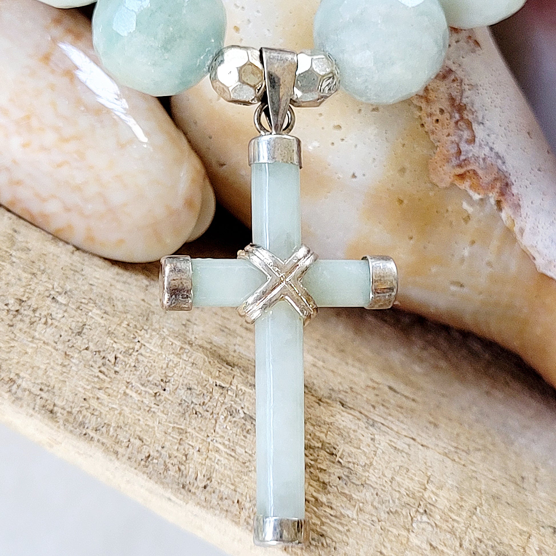 Aquamarine Natural Faceted 14mm Beaded Bracelet w/ Sterling Silver Jade Cross