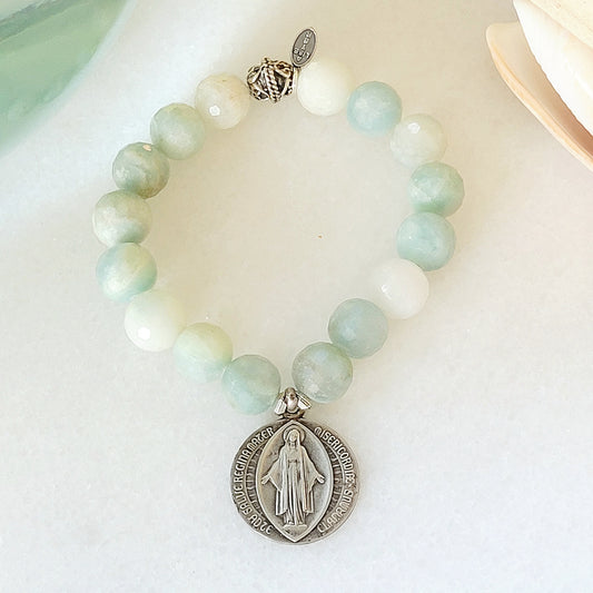 Aquamarine Natural Faceted 14mm Beaded Bracelet w/ Blessed Mother Mary + Dormans Memorial Chapel Silver Medal