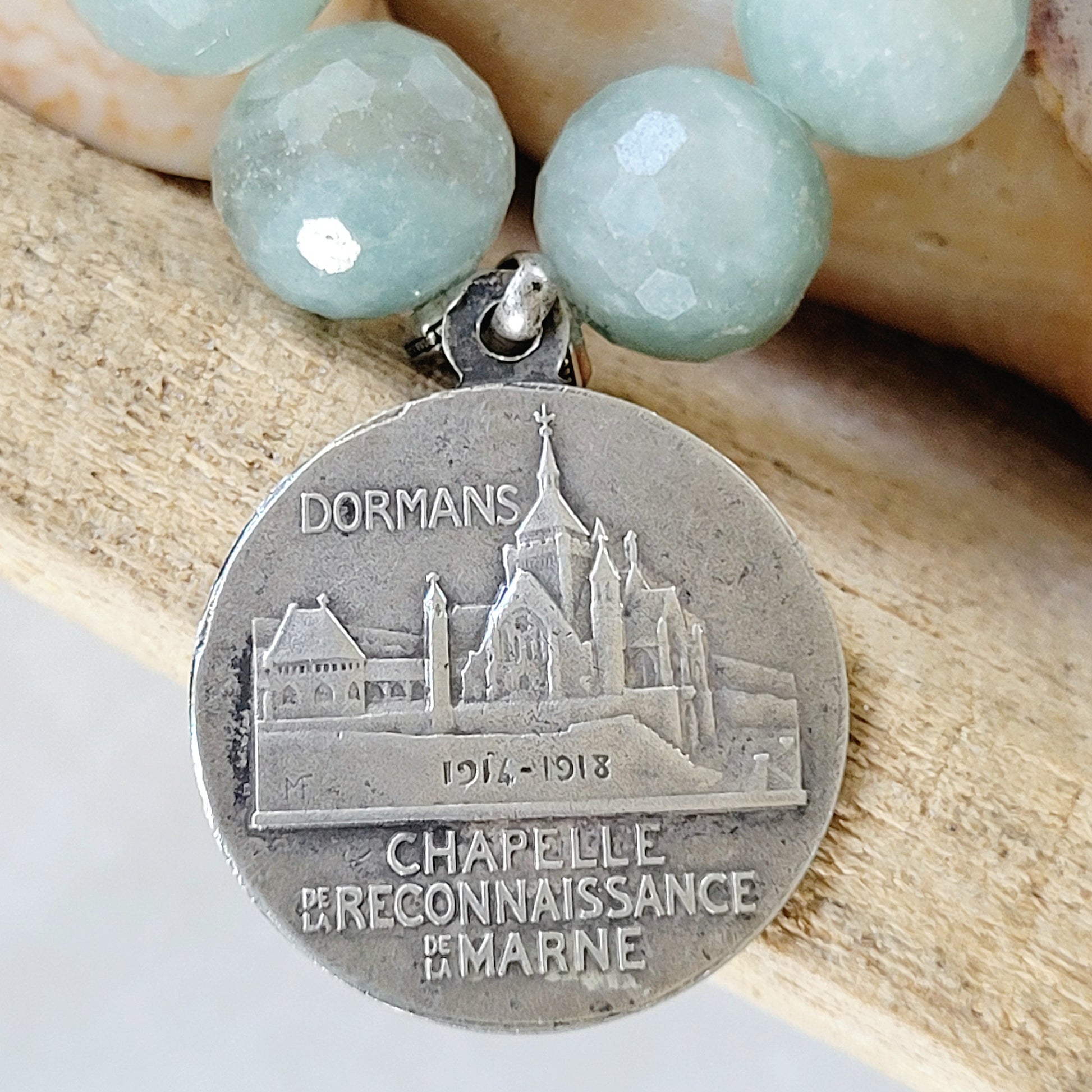 Aquamarine Natural Faceted 14mm Beaded Bracelet w/ Blessed Mother Mary + Dormans Memorial Chapel Silver Medal