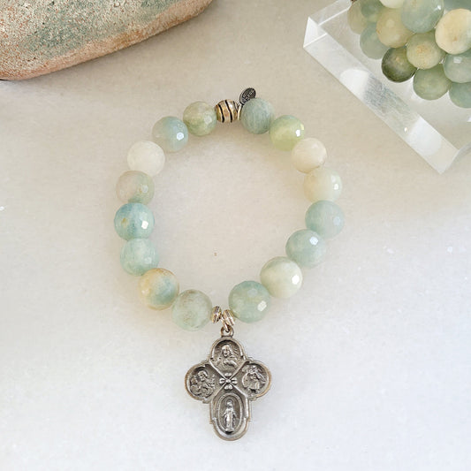 Aquamarine Natural Faceted 14mm Beaded Bracelet w/ Sterling Silver Four-Way Cross