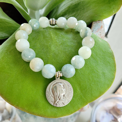 Aquamarine Natural Faceted 14mm Beaded Bracelet w/ Vintage Medal of Our Lady Of Lourdes - Afterlife Jewelry Designs